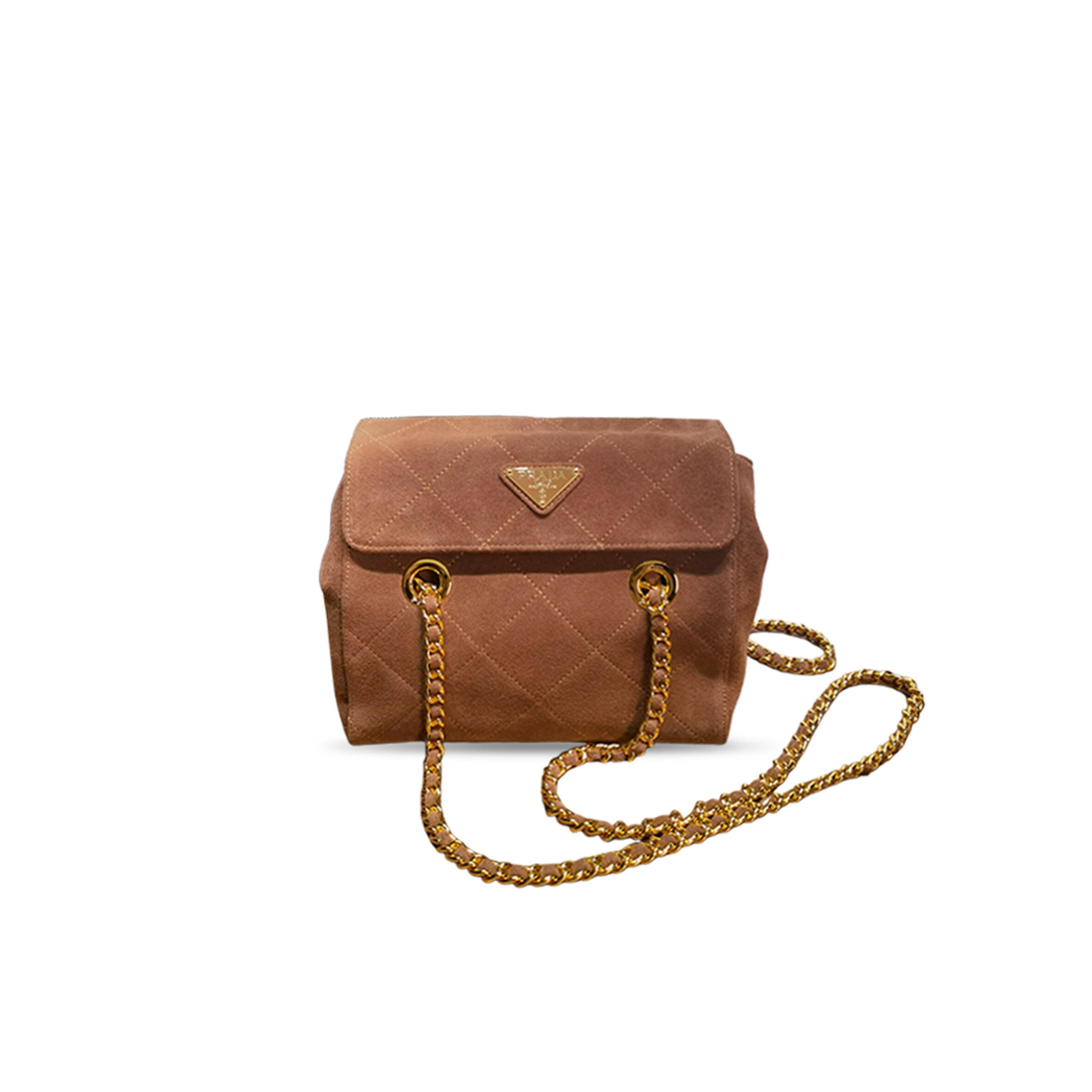 Pra*a quilted brown suede chain shoulder bag 1bd600 (22*18*6cm)